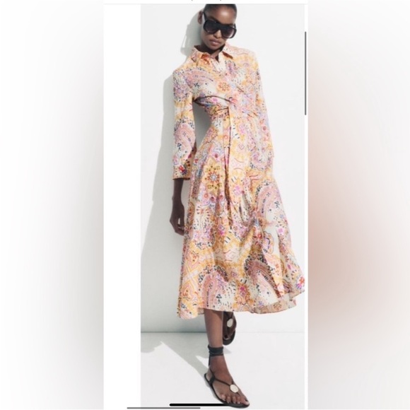 Zara Button Down Paisley Pattern Cotton Dress w Belt - Picture 1 of 14